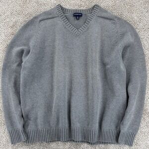 Lands' End Heavyweight Knitted Cotton V-Neck Sweater Mens 2XL/T Gray Ribbed Trim